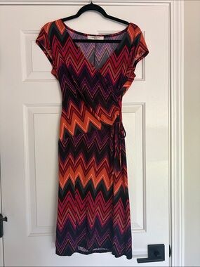 Evan Picone Chevron Wrap Midi Dress in Orange, Purple & Black Sz 6